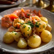 Traditionelles Silvester Essen Cremige Kartoffeln mit Lachs