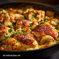 ZwiebelSahneH&auml;hnchen Rezept: Cremiger Auflauf aus dem Ofen ohne T&uuml;tchen