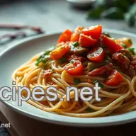 K&ouml;stliche italienische Spaghetti mit Garnelen und Kirschtomaten