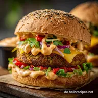 Orientalischer BigMac Veganer FalafelDoppeldecker mit HarissaSo&szlig;e