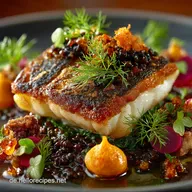 Zander mit Beluga Linsen und Curryschaum Knuspriger Fisch neu gedacht