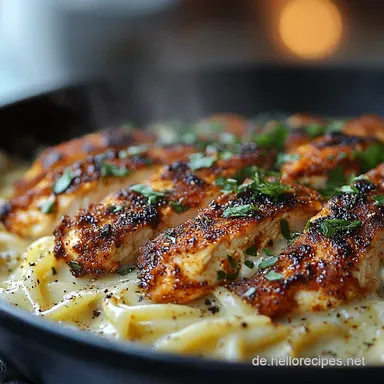 Blackened Cajun Chicken Alfredo New Orleans für Feinschmecker Rezeptkarte