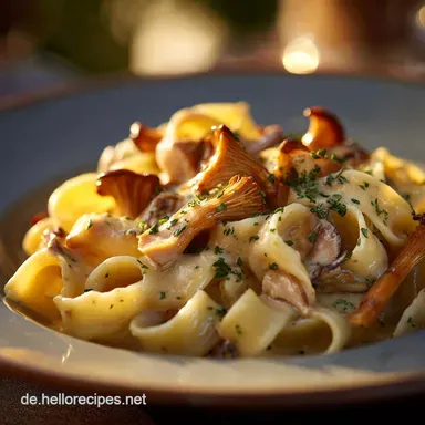 Cremige Bandnudeln mit PfifferlingRahmso&szlig;e: Das unwiderstehliche Herbst Soul Food. Rezeptkarte
