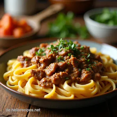 One Pot Creamy Beef and Mein schnelles HackfleischNudelWunder Rezeptkarte