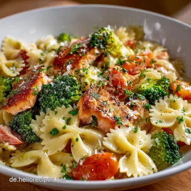 Cremige Lachs Pasta mit Brokkoli und Tomaten In 30 Minuten fertig! Rezeptkarte