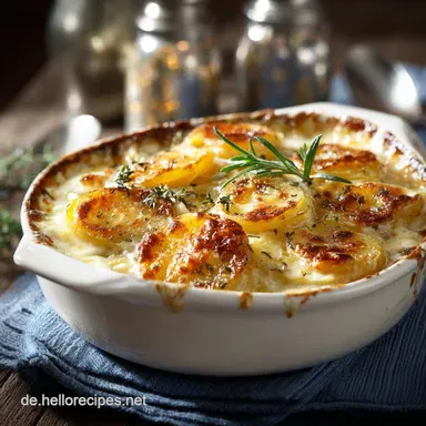 Cremiges Kartoffelgratin: Knusprige Haube, samtig weich innen. Rezeptkarte
