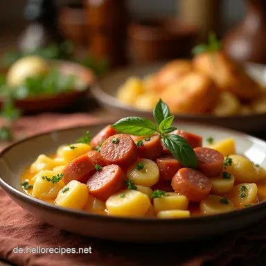 Deftiger WurstBohnenKartoffelauflauf Omas Rezept einfach Rezeptkarte