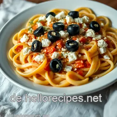 Leckere griechische Nudeln mit Feta und Oliven – Ein mediterranes Festmahl Rezeptkarte