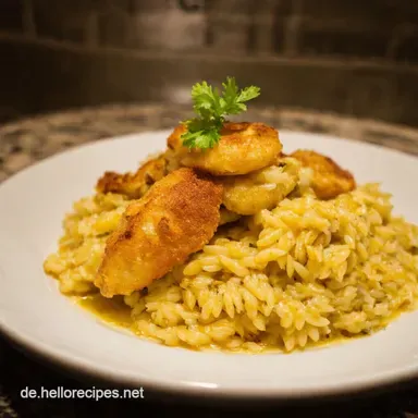 Griechische H&auml;hnchen Frikadellen mit Orzo Sommer auf dem Teller Rezeptkarte