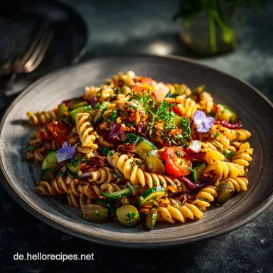 Italienischer Nudelsalat: Leicht, frisch vegan mit Vinaigrette. Rezeptkarte
