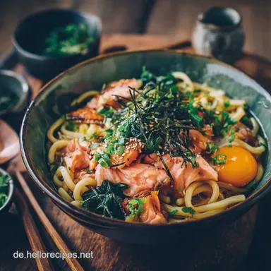 Japanische Nudeln mit Lachs Blitz Udon in 27 Minuten Knusprig Rezeptkarte