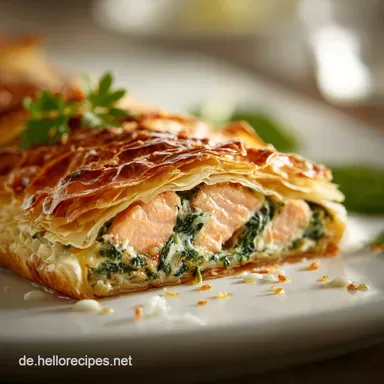 Lachs im Bl&auml;tterteig: Einfaches knuspriges Rezept mit Spinat-F&uuml;llung Rezeptkarte