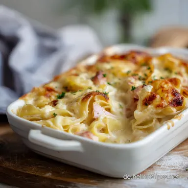 LachsSahne Gratin mit Bandnudeln: Cremiger Auflauf ohne T&uuml;te Rezeptkarte