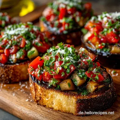 Auberginen Bruschetta Low Carb Geröstete Aubergine mit TomatenTopping Rezeptkarte