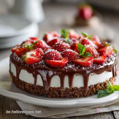 No Bake Schokokuchen mit Erdbeerschicht: Cremig schnell K&uuml;hlschrankkuchen Rezeptkarte