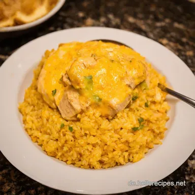 One Pot Queso Chicken and Rice So einfach so lecker Rezeptkarte