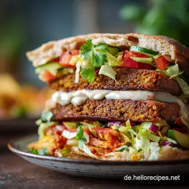 Orientalischer BigMac Veganer FalafelDoppeldecker mit HarissaSo&szlig;e Rezeptkarte