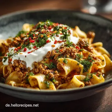 Die beste Pasta mit Hackfleisch und Joghurt T&uuml;rkisch w&uuml;rzig Rezeptkarte