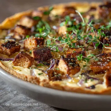 Veganer Zwiebelkuchen: Saftig, herzhaft und cremig mit R&auml;uchertofu Rezeptkarte