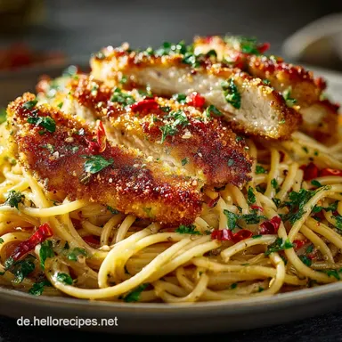 Spaghetti aglio e olio mit H&auml;hnchenschnitzel: Knusprig Schnell Rezeptkarte