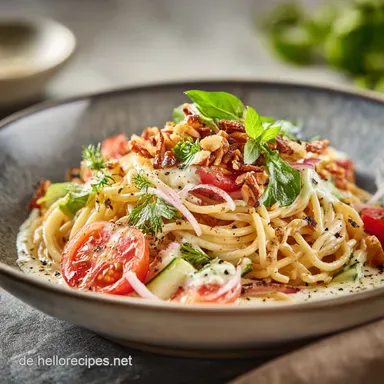 Spaghetti Salat mit HonigSenf Dressing Der cremige Klassiker f&uuml;r die Grillparty Rezeptkarte