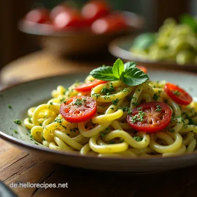 Rote Weiße Grüne Fusilli Selbstgemachte Pasta mit leichtem Pesto Rezeptkarte