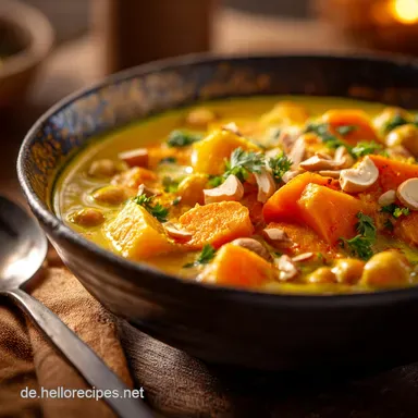 Veganes Curry Goldenes KokosGlück mit Süßkartoffel und Kichererbsen Rezeptkarte