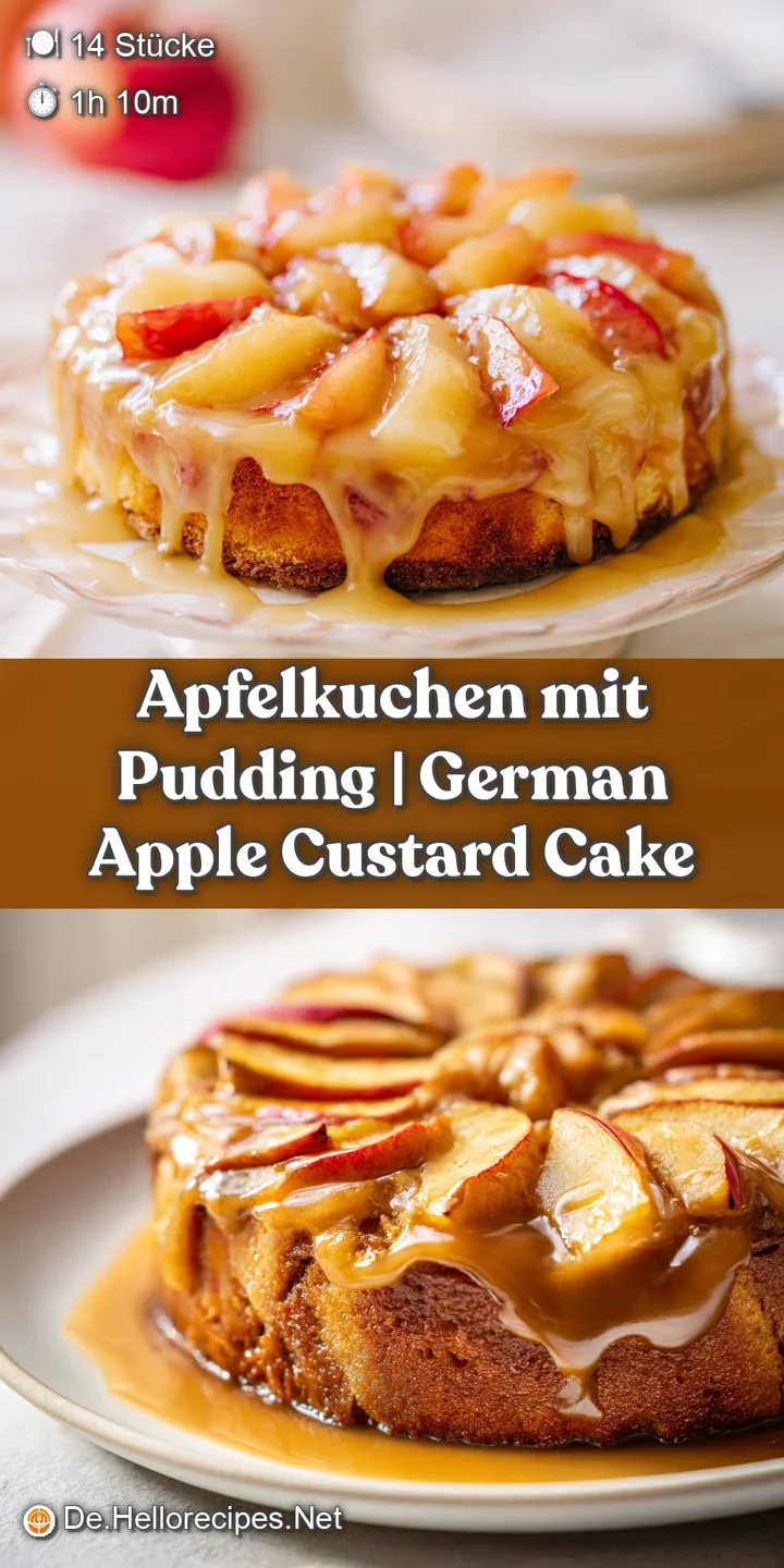 Nahaufnahme von saftigen, gl&auml;nzenden Apfelspalten auf einer weichen, hellgelben Puddingschicht mit feiner Kruste.
