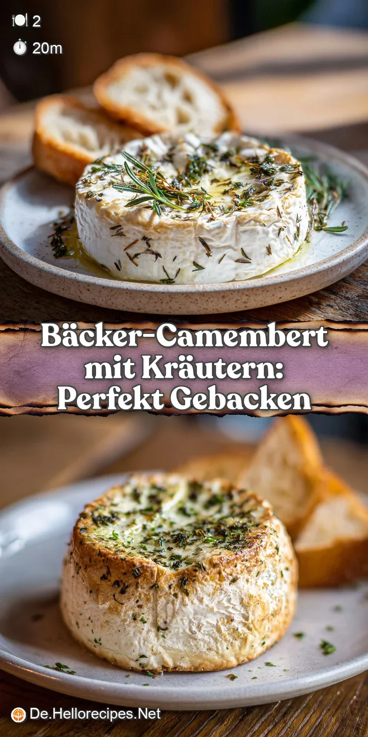 Close-up of golden-brown baked Camembert, herbs nestled in melted cheese, invitingly soft and warm. Ready to be dipped into!