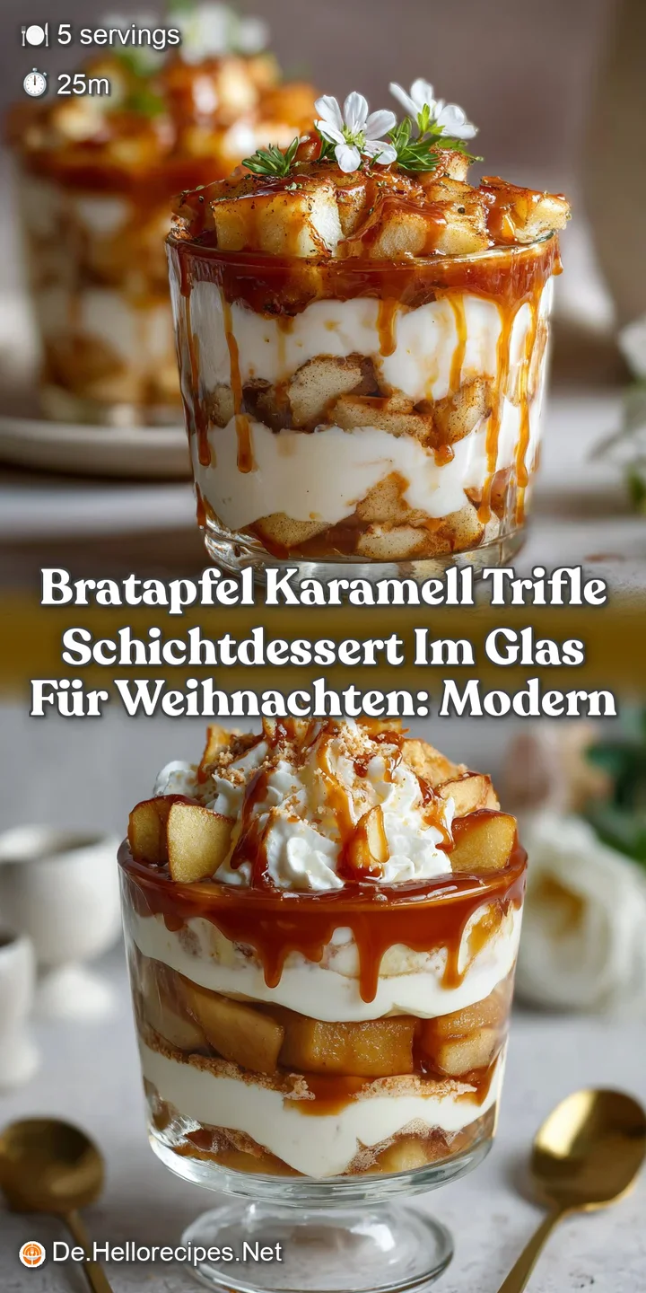Close-up of the trifle showing caramel-glazed apples, a thick creamy layer, and a scattering of crumbles. A perfect, festi...