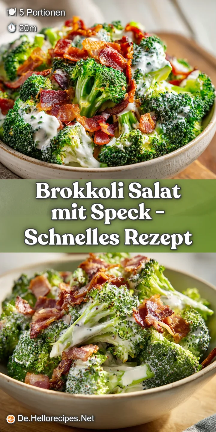 Close-up of tender green broccoli florets coated in a smooth, white yogurt dressing with glistening pieces of savory bacon.