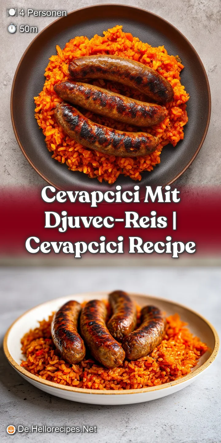 Detailaufnahme von saftigen, dunkelbraunen Grillw&uuml;rstchen auf dampfendem, r&ouml;tlichem Reis mit weichen Gem&uuml;sest&uuml;cken.