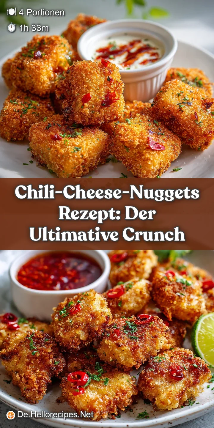 Close-up of a chili-cheese nugget reveals the melted cheese, glistening chili, and a crispy golden-brown, slightly texture...