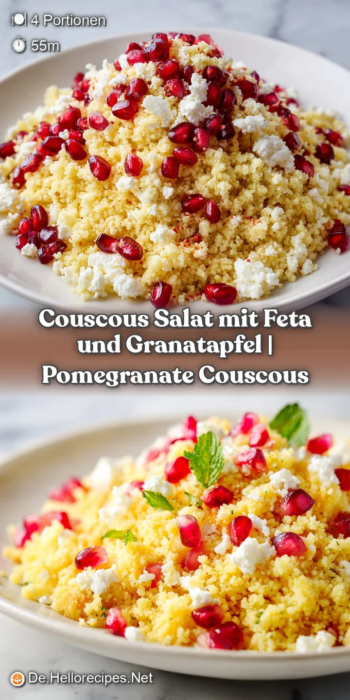 Detailaufnahme von fluffigem, gelbem Couscous, durchsetzt mit saftigen Granatapfelkernen und fein gehackten Kr&auml;utern.