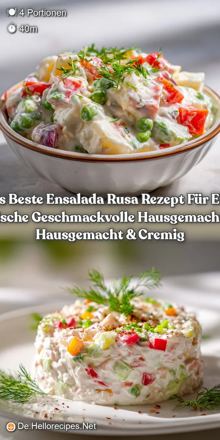 Creamy close-up of Ensalada Rusa, showing the textures of diced potato, carrot, and peas bound in a rich, velvety mayonnaise.