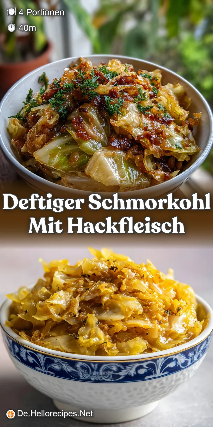 Earthy braised cabbage and savory ground meat filling a rustic bowl. Soft, wilted cabbage and visible browned meat create ...