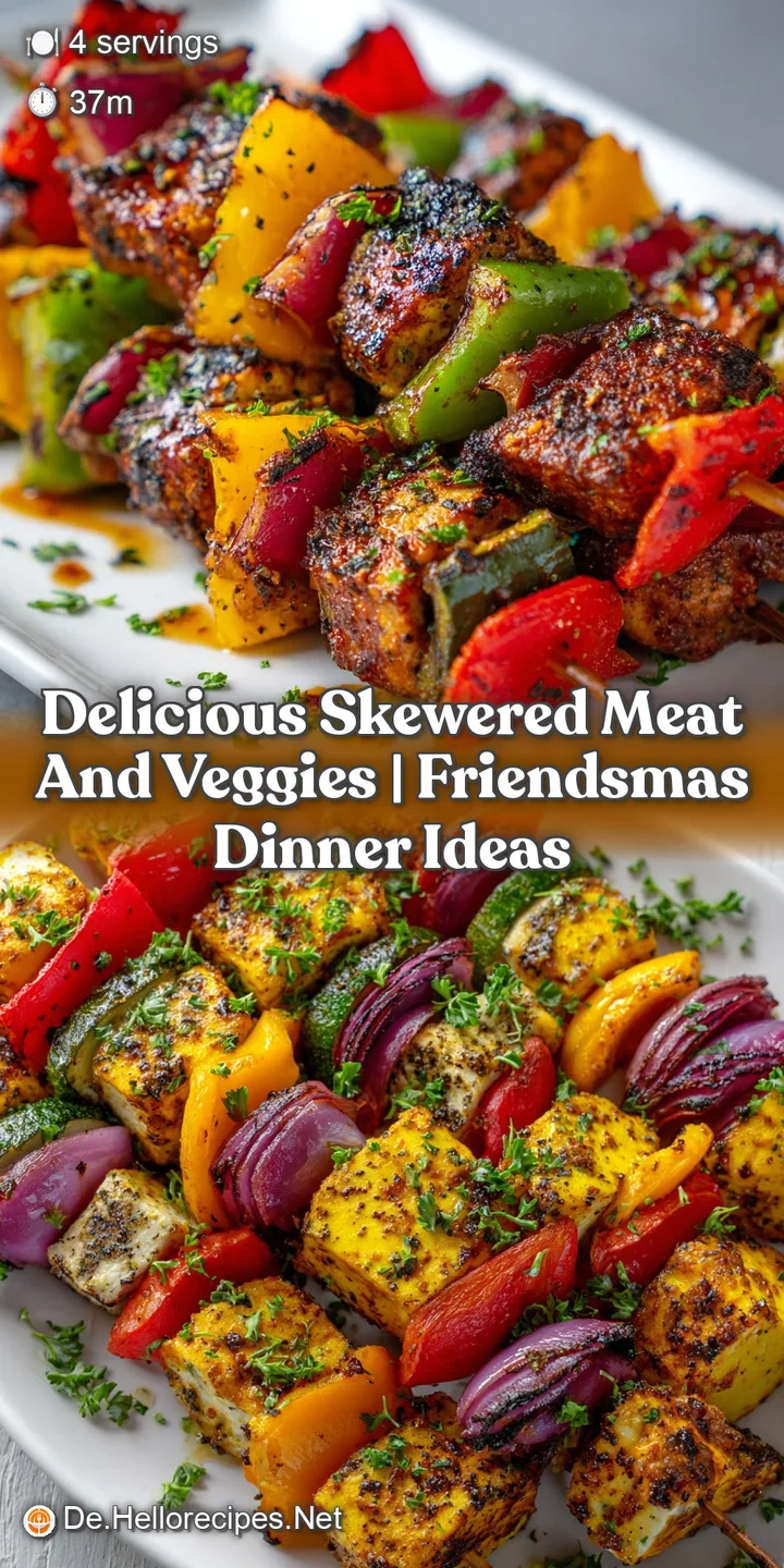 Close-up of a glistening skewer, showcasing tender meat, vibrant bell peppers, and onions, all enhanced by a rich herb mar...