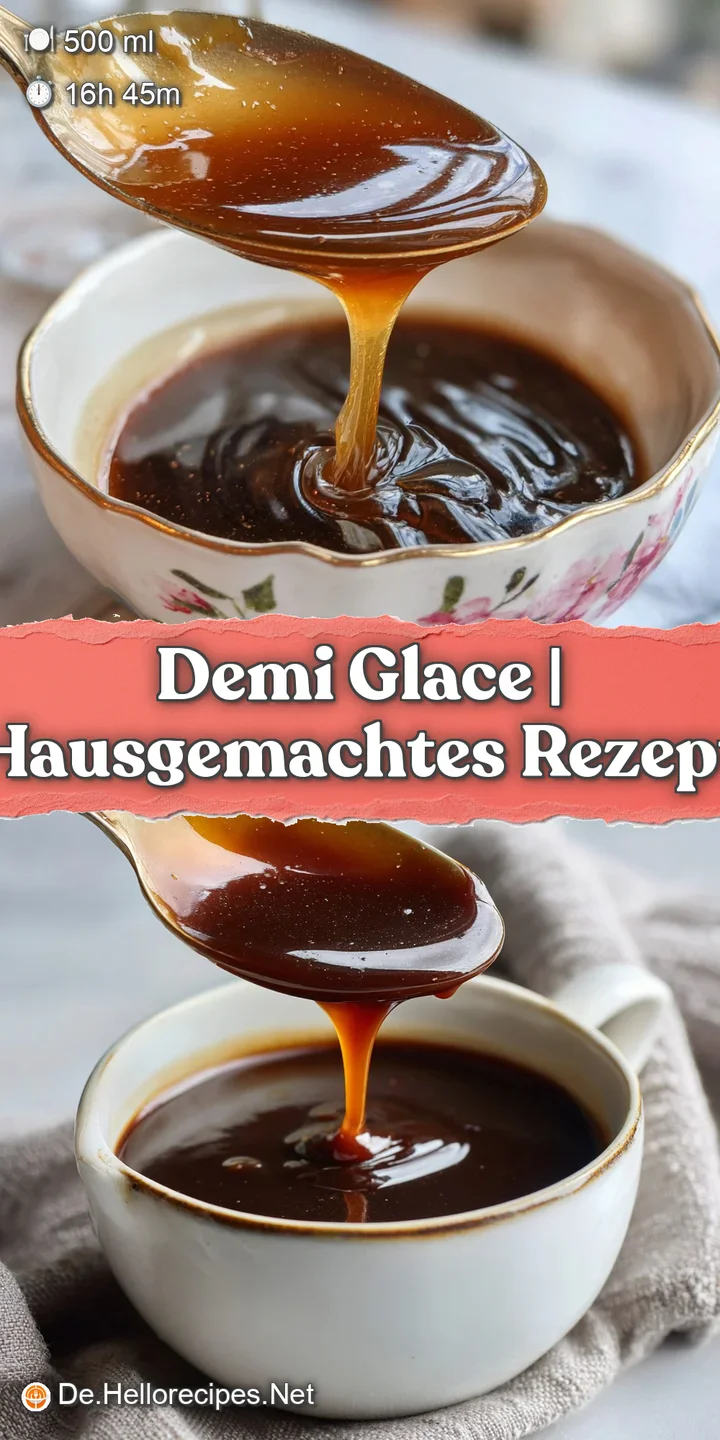 Close-up shot of luxuriously thick, mahogany-colored demi-glace, its surface reflecting light, showing a velvety smooth, i...