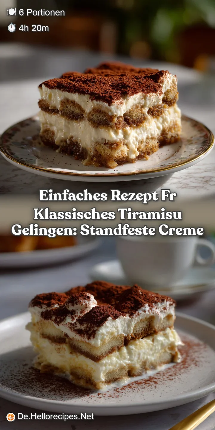 A close-up of a luscious, creamy dessert with visible layers of coffee-soaked ladyfingers and dusted with cocoa powder. A ...