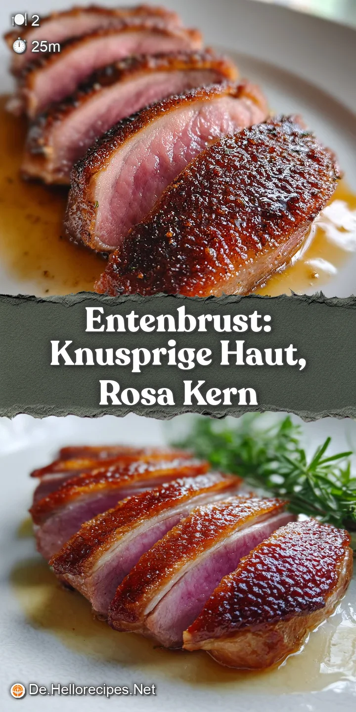 Close-up: juicy, medium-rare duck breast. Rendered fat glistens, highlighting the crisp, golden-brown perfection. Mouthwat...