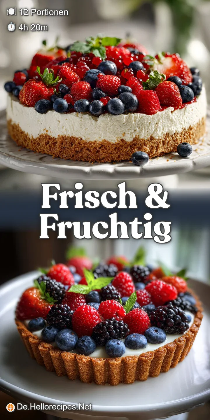 Close-up of a luscious no-bake cake, showcasing the creamy layers, textured biscuit base, and glistening, fresh berries.