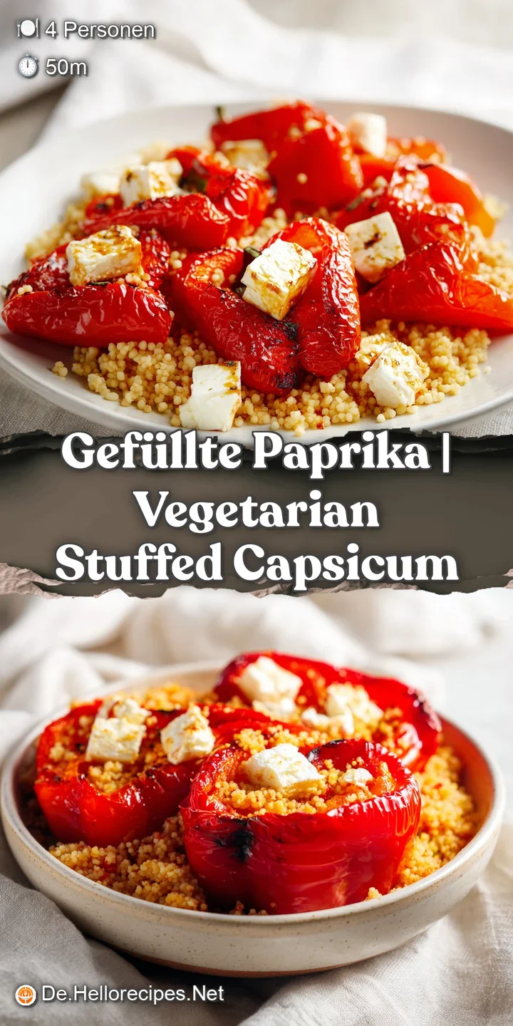 Nahaufnahme von goldbraun gebackener Paprikahaut und k&ouml;rnigem Couscous mit schmelzendem K&auml;se und frischem Schnittlauch.