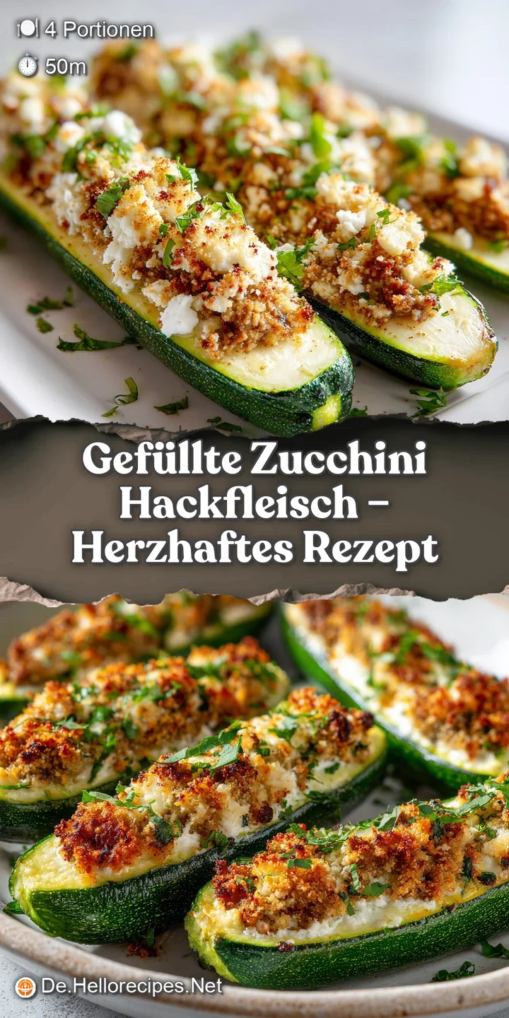 Close-up of a stuffed zucchini, the browned ground meat filling peeking through, topped with melted cheese bubbling.