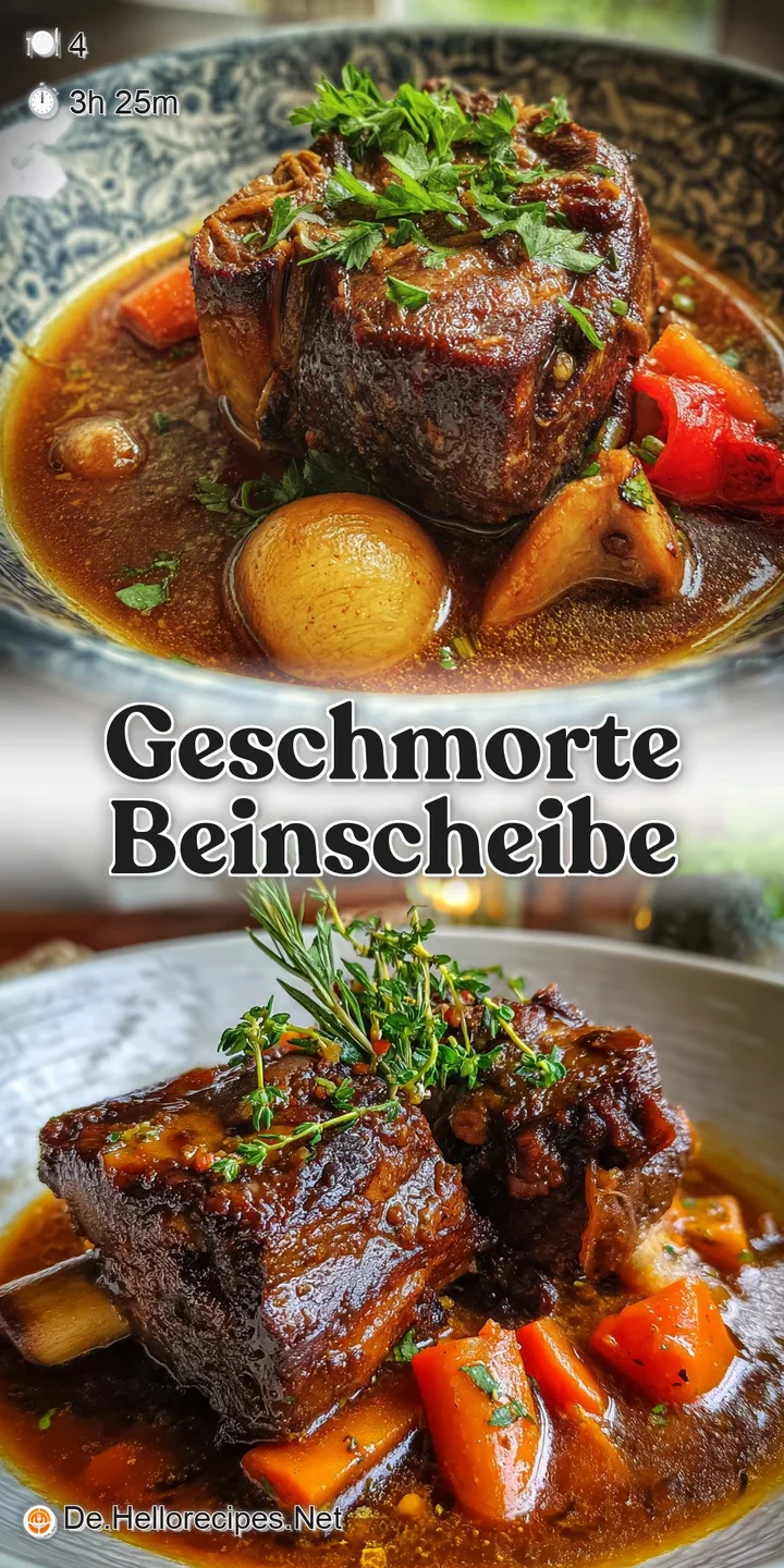 Close-up of a shimmering braised beef shank, its surface deeply caramelized. The sauce clings lusciously, promising a rich...