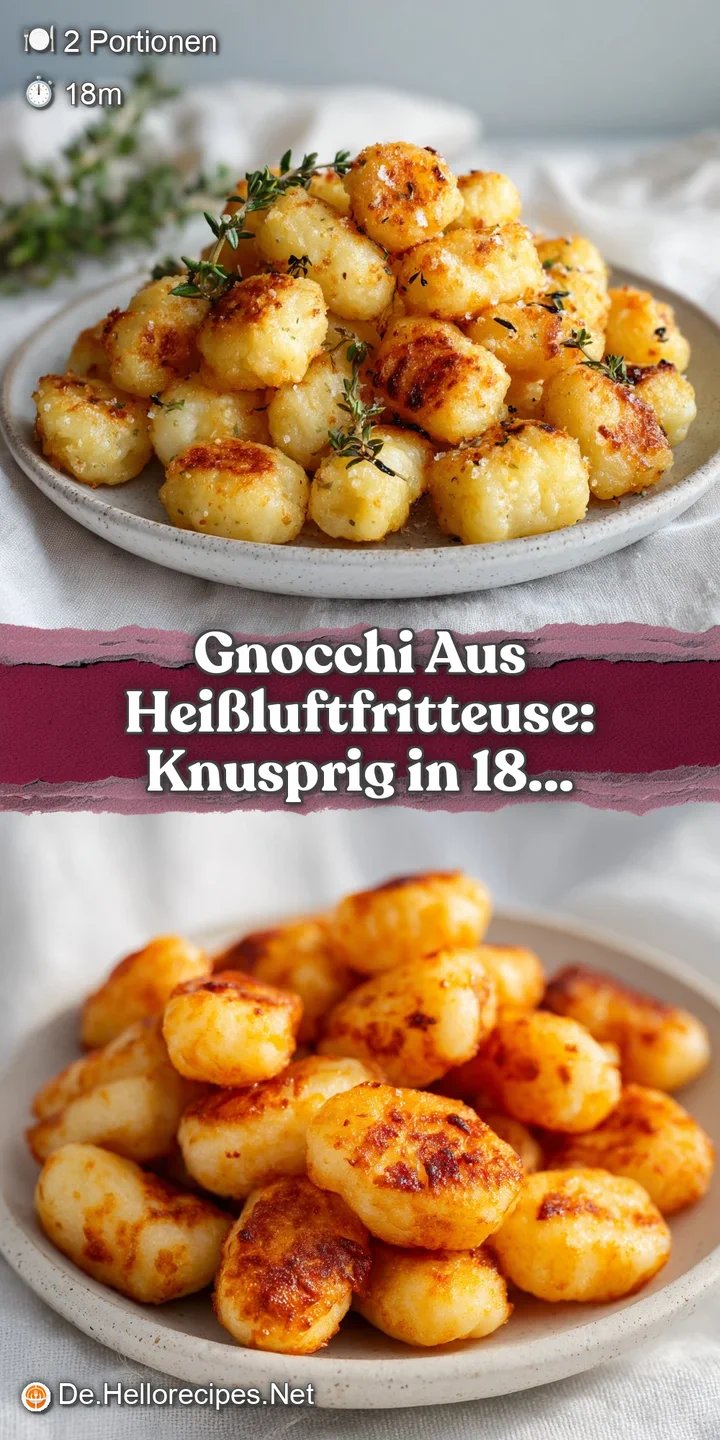 Close-up reveals the slightly blistered, golden-brown exterior of air-fried gnocchi, showcasing a delicate texture and inv...