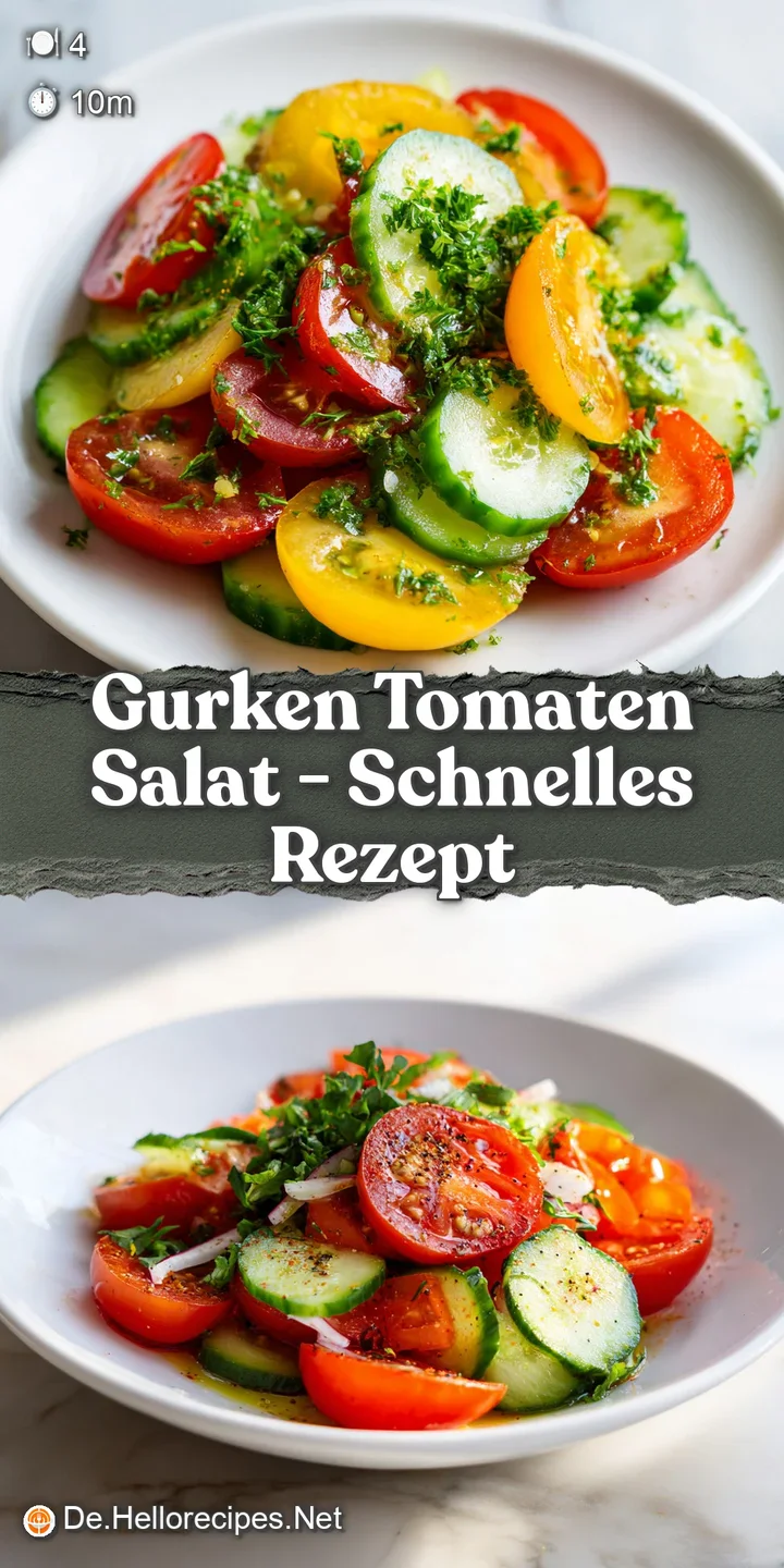Close-up of a glistening salad with vibrant red tomatoes and crunchy green cucumber, drizzled with vinaigrette.