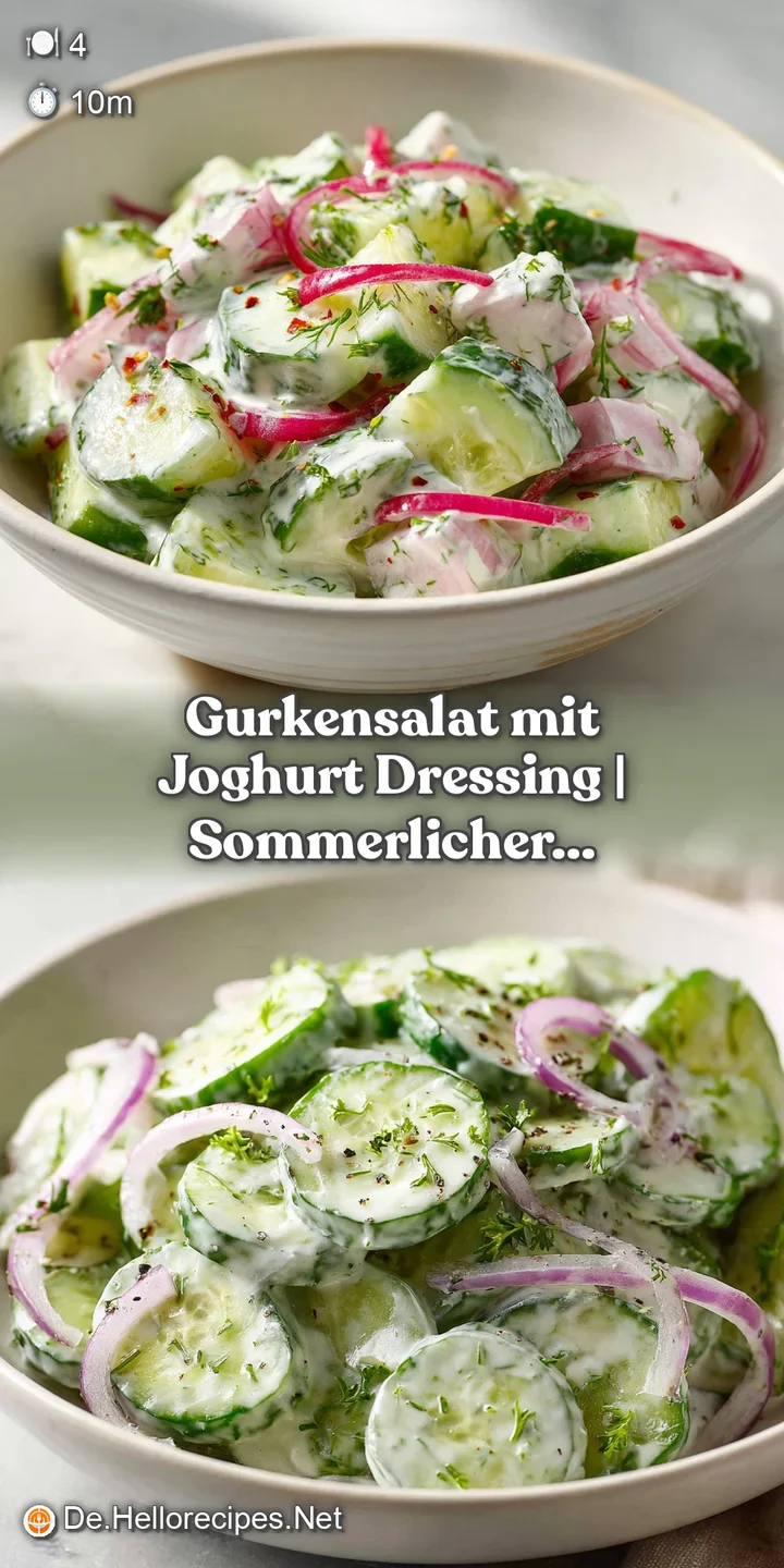 Close-up of vibrant green cucumber ribbons coated in a smooth, pale yogurt dressing, speckled with fresh dill herbs.