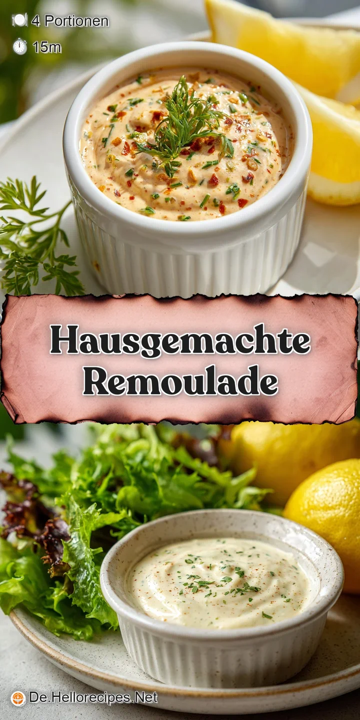 Close-up of thick, textured remoulade with pops of color from herbs, pickles, and vegetables. Inviting creamy and tangy ar...