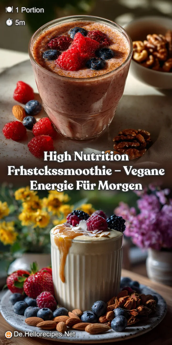 Vibrant green smoothie in a tall glass, garnished with fresh berries and a sprinkle of seeds. A cool, refreshing texture i...