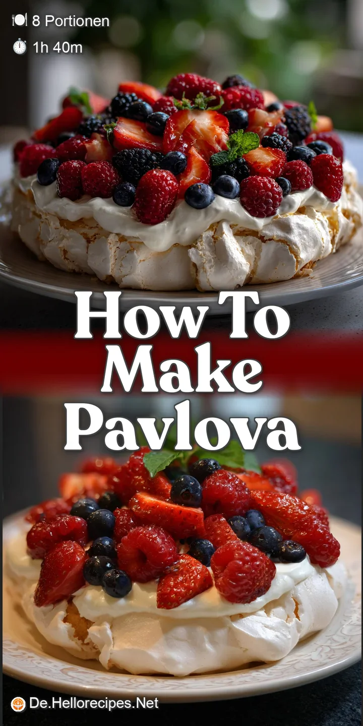 Close-up of a pavlova with a perfectly crisp shell, revealing a soft, marshmallow-like interior, piled high with juicy ber...